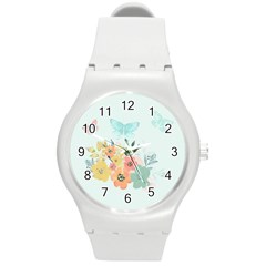 Watercolor Floral Blue Cute Butterfly Illustration Round Plastic Sport Watch (m) by paulaoliveiradesign