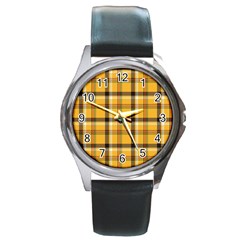 Yellow Fabric Plaided Texture Pattern Round Metal Watch by paulaoliveiradesign