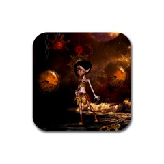 Steampunk, Cute Little Steampunk Girl In The Night With Clocks Rubber Square Coaster (4 Pack)  by FantasyWorld7