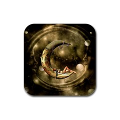 Steampunk Lady  In The Night With Moons Rubber Square Coaster (4 Pack)  by FantasyWorld7