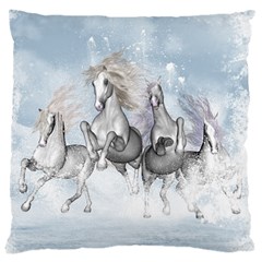 Awesome Running Horses In The Snow Large Cushion Case (one Side) by FantasyWorld7