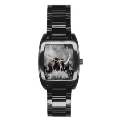 Awesome Wild Black Horses Running In The Night Stainless Steel Barrel Watch by FantasyWorld7