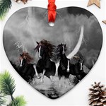 Awesome Wild Black Horses Running In The Night Ornament (Heart) Front