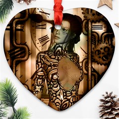 Steampunk, Steampunk Women With Clocks And Gears Heart Ornament (two Sides) by FantasyWorld7