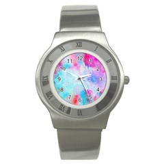 Pink And Purple Galaxy Watercolor Background  Stainless Steel Watch by paulaoliveiradesign