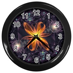 Beautiful Orange Star Lily Fractal Flower At Night Wall Clocks (black) by jayaprime