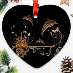 Wonderful Dolphins And Flowers, Golden Colors Heart Ornament (two Sides) by FantasyWorld7