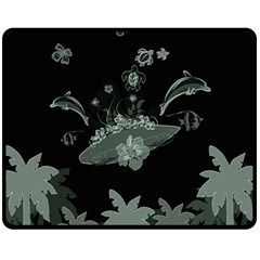 Surfboard With Dolphin, Flowers, Palm And Turtle Fleece Blanket (medium)  by FantasyWorld7