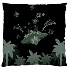 Surfboard With Dolphin, Flowers, Palm And Turtle Large Cushion Case (two Sides) by FantasyWorld7