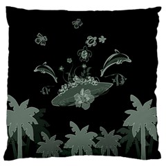 Surfboard With Dolphin, Flowers, Palm And Turtle Large Flano Cushion Case (one Side) by FantasyWorld7