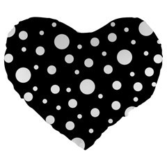 White On Black Polka Dot Pattern Large 19  Premium Heart Shape Cushions by LoolyElzayat