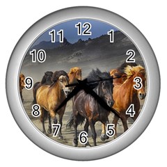 Horses Stampede Nature Running Wall Clocks (silver)  by Celenk