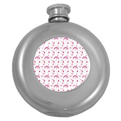 Winter Pink Hat White Heart Snow Round Hip Flask (5 Oz) by snowwhitegirl