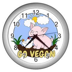 Go Vegan - Cute Pig And Chicken Wall Clocks (silver)  by Valentinaart