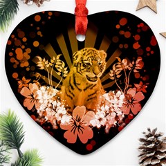 Cute Little Tiger With Flowers Heart Ornament (two Sides) by FantasyWorld7