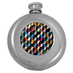 Abstract Multicolor Cubes 3d Quilt Fabric Round Hip Flask (5 Oz) by Sapixe