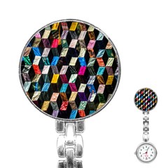 Abstract Multicolor Cubes 3d Quilt Fabric Stainless Steel Nurses Watch by Sapixe