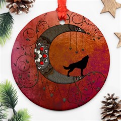 Black Wolf On Decorative Steampunk Moon Ornament (round) by FantasyWorld7