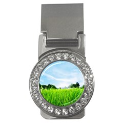 Green Landscape, Green Grass Close Up Blue Sky And White Clouds Money Clips (cz)  by Sapixe