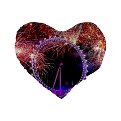 Happy New Year Clock Time Fireworks Pictures Standard 16  Premium Heart Shape Cushions by Sapixe