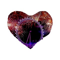 Happy New Year Clock Time Fireworks Pictures Standard 16  Premium Flano Heart Shape Cushions by Sapixe