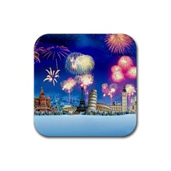 Happy New Year Celebration Of The New Year Landmarks Of The Most Famous Cities Around The World Fire Rubber Coaster (square)  by Sapixe