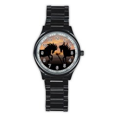 Horses Sunset Photoshop Graphics Stainless Steel Round Watch by Sapixe