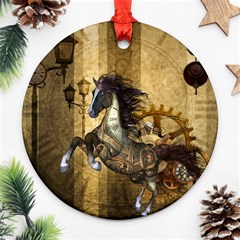 Awesome Steampunk Horse, Clocks And Gears In Golden Colors Ornament (round) by FantasyWorld7