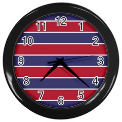 Large Red White And Blue Usa Memorial Day Holiday Horizontal Cabana Stripes Wall Clocks (black) by PodArtist