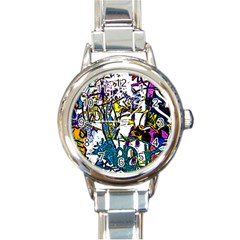 Graffiti Wall Cartoon Style Art Round Italian Charm Watch by flipstylezfashionsLLC