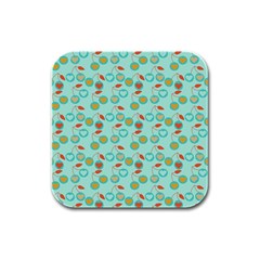 Light Teal Heart Cherries Rubber Square Coaster (4 Pack)  by snowwhitegirl