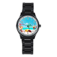 Red Chili Peppers On The Beach Stainless Steel Round Watch by FunnyCow