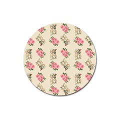 Retro Dog Floral Pattern Ecru Magnet 3  (round) by snowwhitegirl