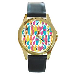 Mini Rainbow Colored Waikiki Surfboards  Round Gold Metal Watch by PodArtist