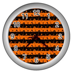 Dark Pumpkin Orange And Black Halloween Nightmare Stripes  Wall Clock (silver) by PodArtist