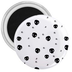 Pattern Skull Stars Handrawn Naive Halloween Gothic Black And White 3  Magnets by genx