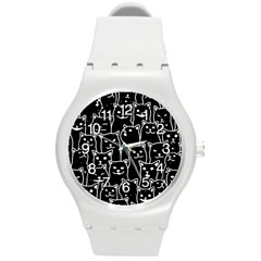 Funny Cat Pattern Organic Style Minimalist On Black Background Round Plastic Sport Watch (m) by genx