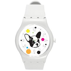 Boston Terrier Dog Pattern With Rainbow And Black Polka Dots Round Plastic Sport Watch (m) by genx