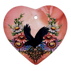 Wonderful Crow With Flowers On Red Vintage Dsign Ornament (heart) by FantasyWorld7