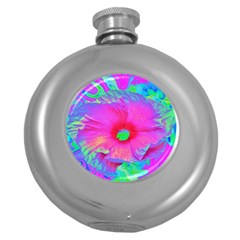 Psychedelic Pink And Red Hibiscus Flower Round Hip Flask (5 Oz) by myrubiogarden