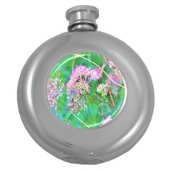 Invincibelle Spirit Hot Pink Hydrangeas On Aqua Green Round Hip Flask (5 Oz) by myrubiogarden