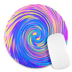 Cool Abstract Pink Blue And Yellow Twirl Liquid Art Round Mousepads by myrubiogarden