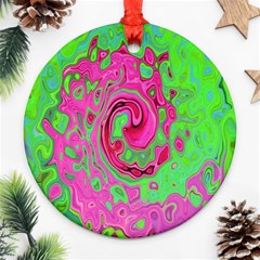 Groovy Abstract Green And Red Lava Liquid Swirl Round Ornament (two Sides) by myrubiogarden