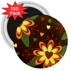 Floral Hearts Brown Green Retro 3  Magnets (100 Pack) by Pakrebo