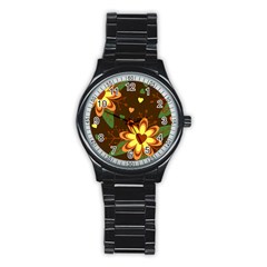 Floral Hearts Brown Green Retro Stainless Steel Round Watch by Pakrebo