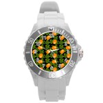 Citrus Tropical Orange Black Round Plastic Sport Watch (L) Front