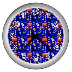 Halloween Treats Pattern Blue Wall Clock (silver) by snowwhitegirl