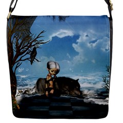 Cute Little Fairy With Wolf On The Beach Flap Closure Messenger Bag (s) by FantasyWorld7