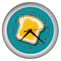 Toast With Cheese Funny Retro Pattern Turquoise Green Background Wall Clock (silver) by genx