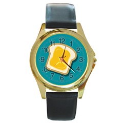 Toast With Cheese Funny Retro Pattern Turquoise Green Background Round Gold Metal Watch by genx